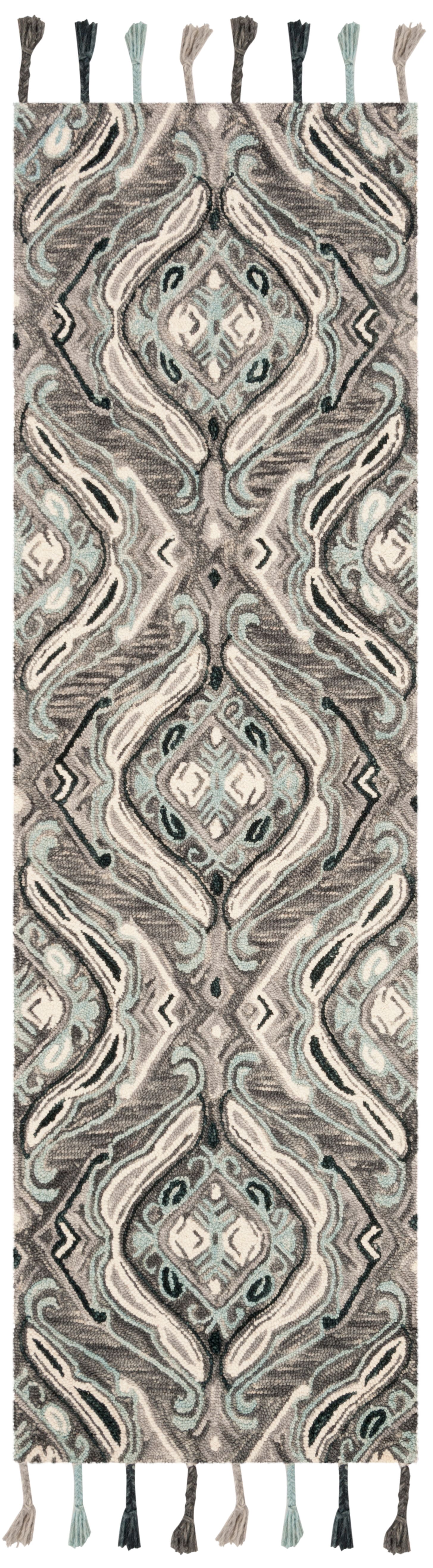 SAFAVIEH Suzani Davin Geometric Swirls Wool Runner Rug, Grey/Light Blue, 2'3" x 8'