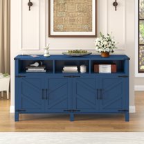Sesslife 59" Kitchen Buffet Sideboard Cabinet with 4 Barn Doors, Farmhouse Storage Cabinet with Charging Station and Adjustable Shelves, Wood Console Cabinet for Entryway, Living Room, Navy