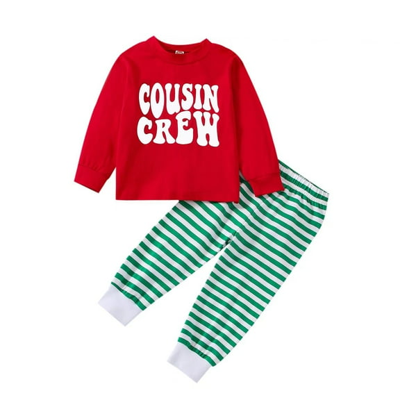 Elippeo Toddler Kid Christmas Clothes Set 6M 12M 18M 24M 3Y 4Y 5Y Letter Print Long Sleeve Round Neck Tops   Stripe Pattern Trousers Holiday Pajamas Sets