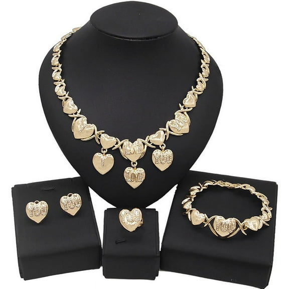Women's Hugs & Kisses XO Hearts I LOVE YOU Jewelry Set Includes Necklace Bracelet Earrings Ring.18k Layered Real Gold Plated  #63