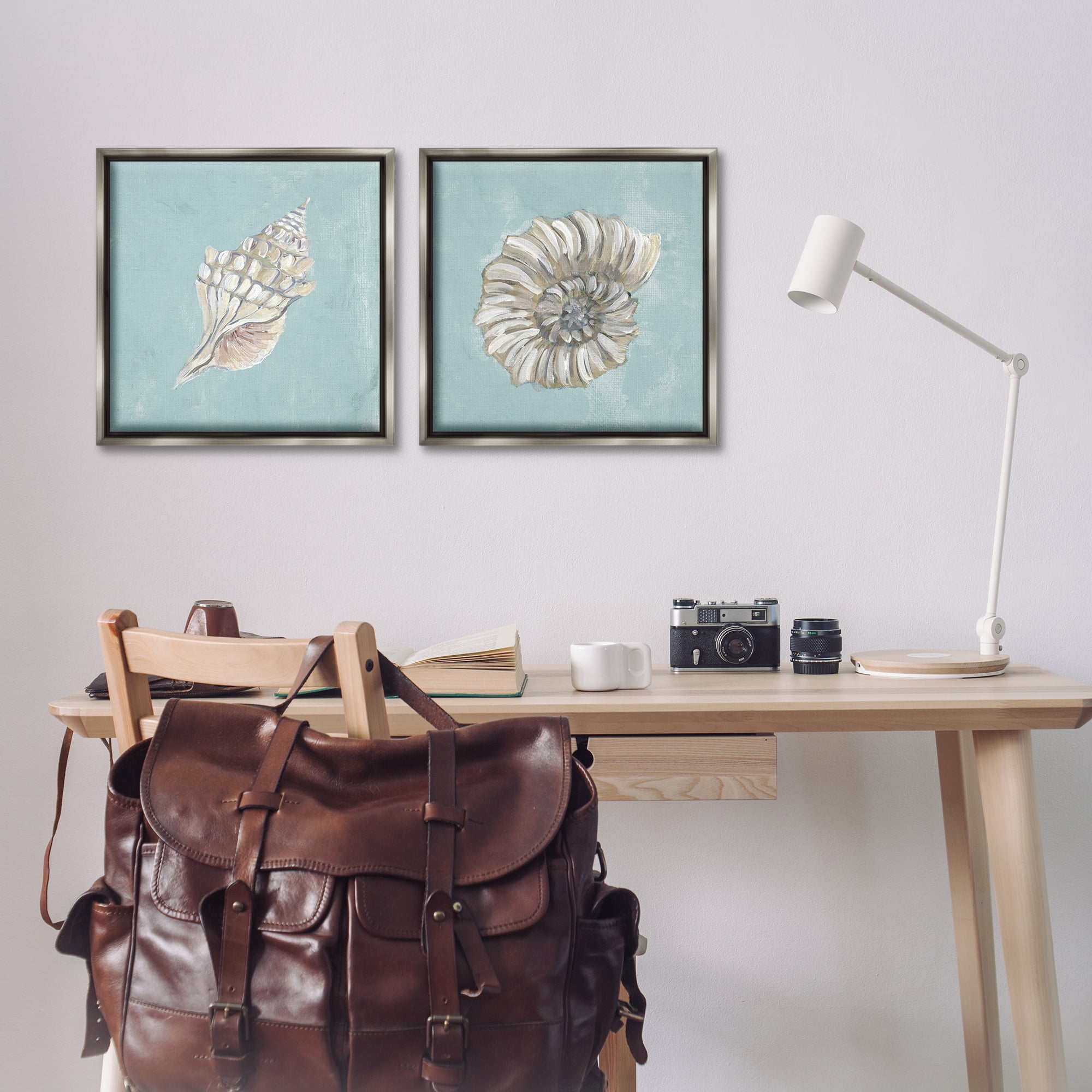 Stupell Industries Nautilus and Conch Seashells Nautical & Beach Painting Gray Floater Framed Canvas Art Print Wall Art, 18 x 18, Set of 2