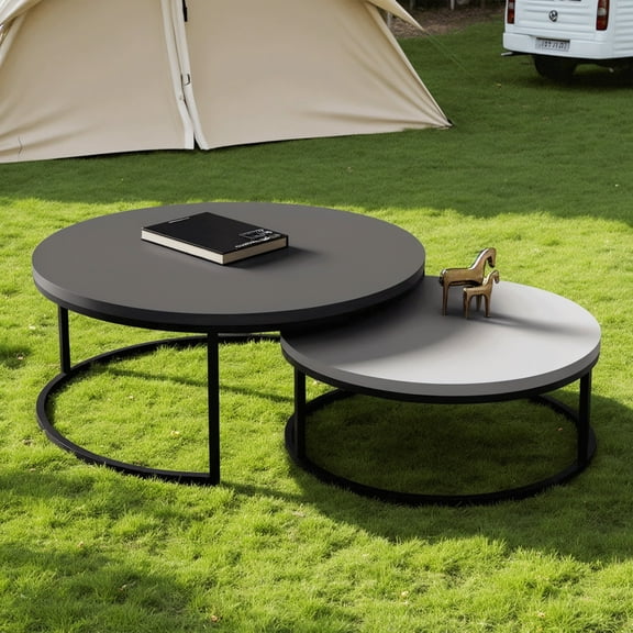 NessCarsti Modern Round Outdoor Coffee Table Set of 2, Nesting Wood Patio Tables with Black Metal Legs, Dark Gray, 31.5/23.7 Inches, All-Weather for Garden, Balcony, Porch