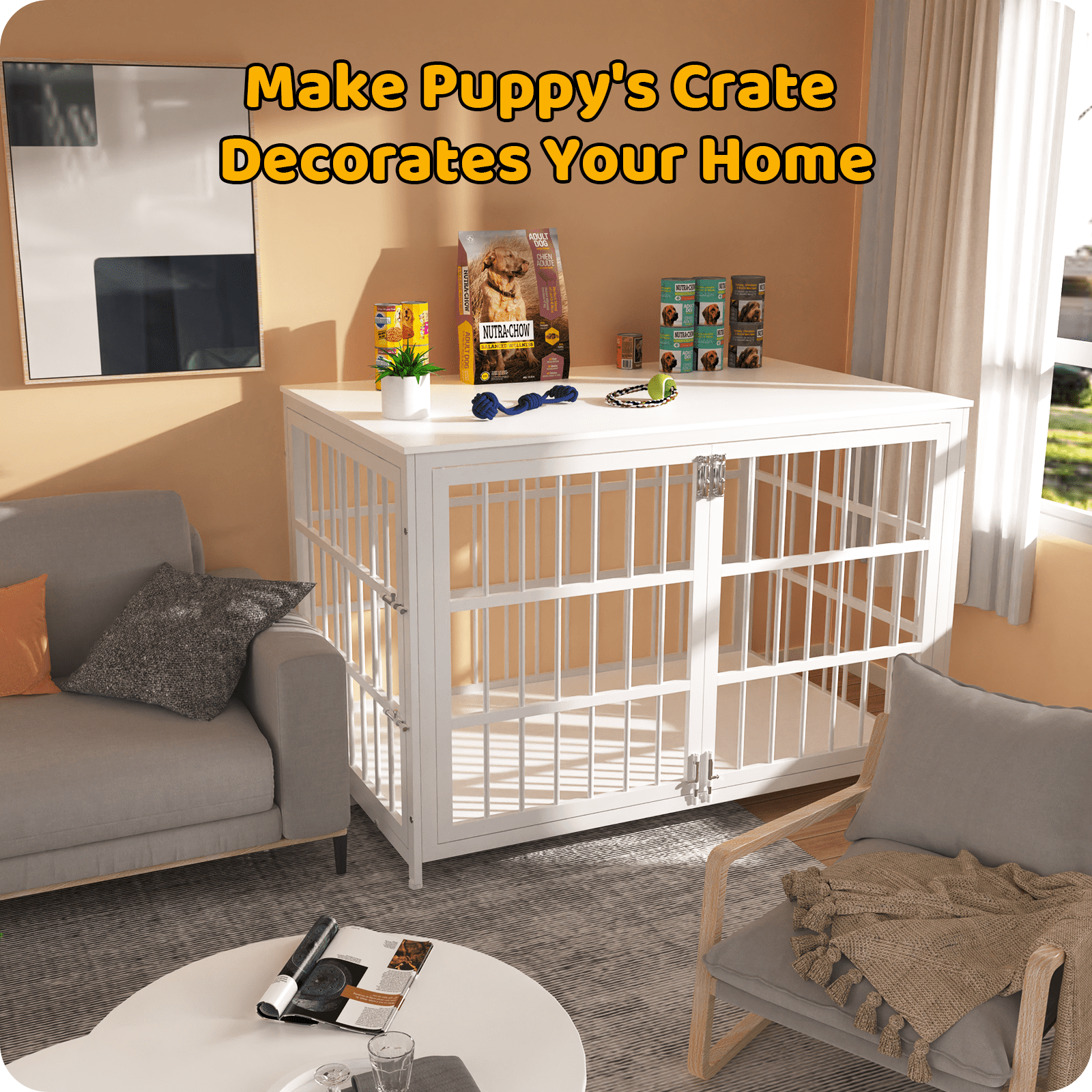 Ironovahome 48" Heavy Duty Dog Crate Furniture, Chew-Proof & Escape-Proof Wooden Dog Cage with Safe Locks & Double Doors, XL Indoor Dog Kennel Pet House for Large Dogs Up to 100lb, White