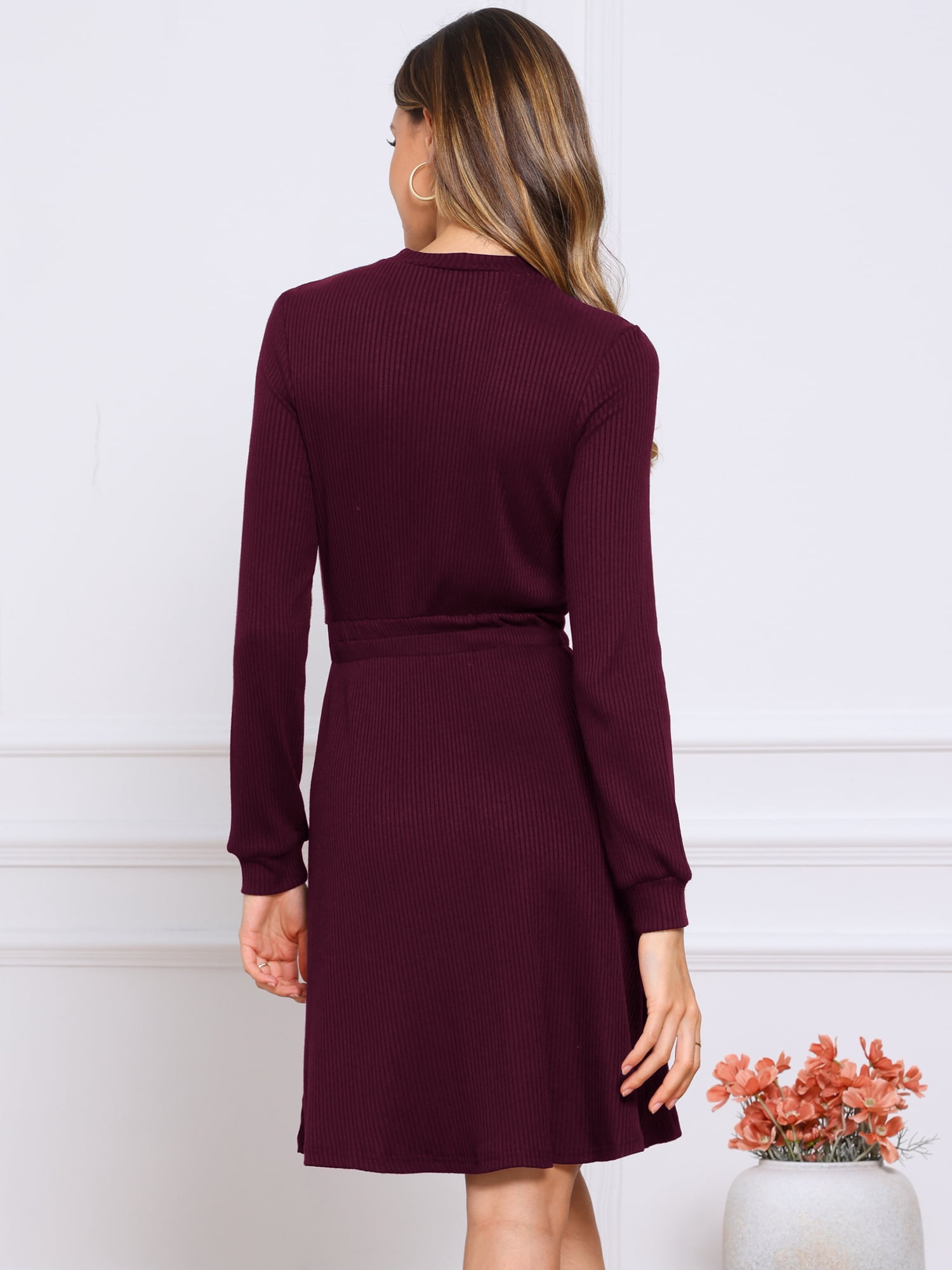 DARING DIVA Women's Long Sleeve Fall A-Line Ribbed Knit Crew Neck Dress XL Burgundy
