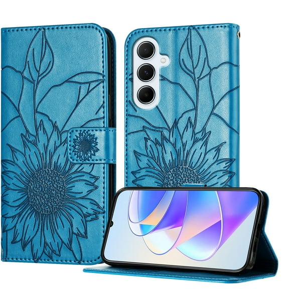 Wallet Phone Case for Samsung Galaxy A36 5G,Emboss Sunflower Design,PU Leather Flip Folding Kickstand,With Card Slots,Magnetic Closure Shockproof Protective Folio Wallet Phone Case,Blue