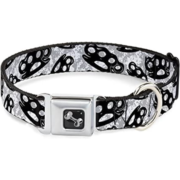 Buckle-Down Seatbelt Buckle Dog Collar - Brass Knuckles White/Gray/Black - 1" Wide - Fits 9-15" Neck - Small