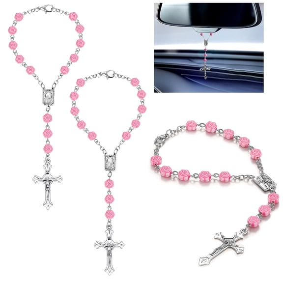 3 Pieces Pink Car Rosary Rearview Mirror Hanging – Religious Auto Accessories, Decorative Beaded Charm for Vehicle Interior