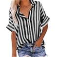 thumbnail image 3 of Women's Fashionable Imitation Striped Short Sleeved Collar Button Up Shirt Blouse Top Casual Loose Fit Breathable Summer Vacation | CSEONE,Black XL, 3 of 8