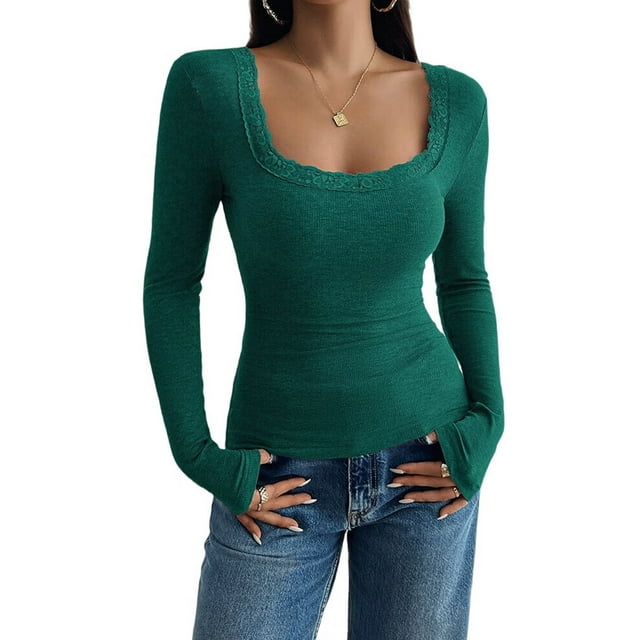 Chemises à Manches Longues pour Femmes Col Carré Hauts Courts Côtelés Tenues d'Automne Vêtements de Mode Vert P
