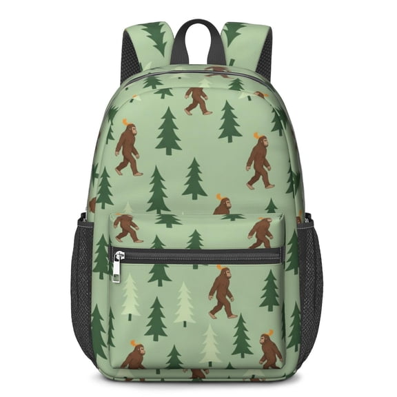 Bigfoot and Feather Green Pattern 17" School Backpacks for Teens,Waterproof Oxford Fabric,S-Shape Padded Straps for School,Travel,Hiking,Camping