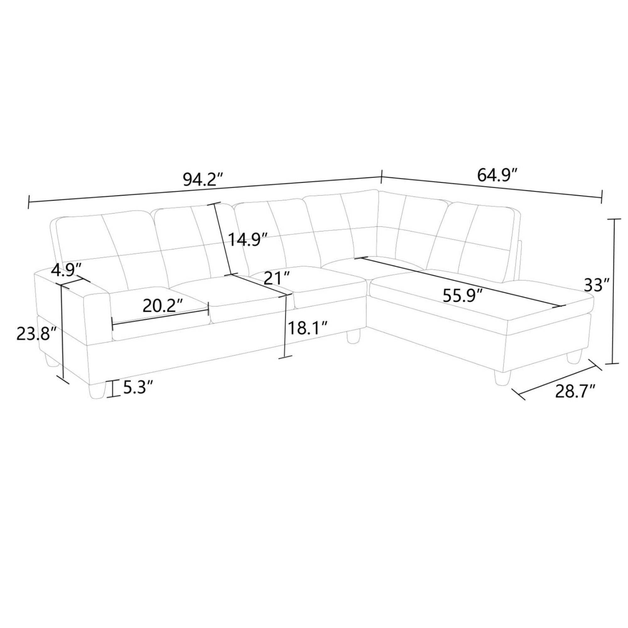 Modern Sectional Sofa Couch 3 Seat L-Shaped Sofa with Right Chaise for Small Apartments, Living Room, Light Grey
