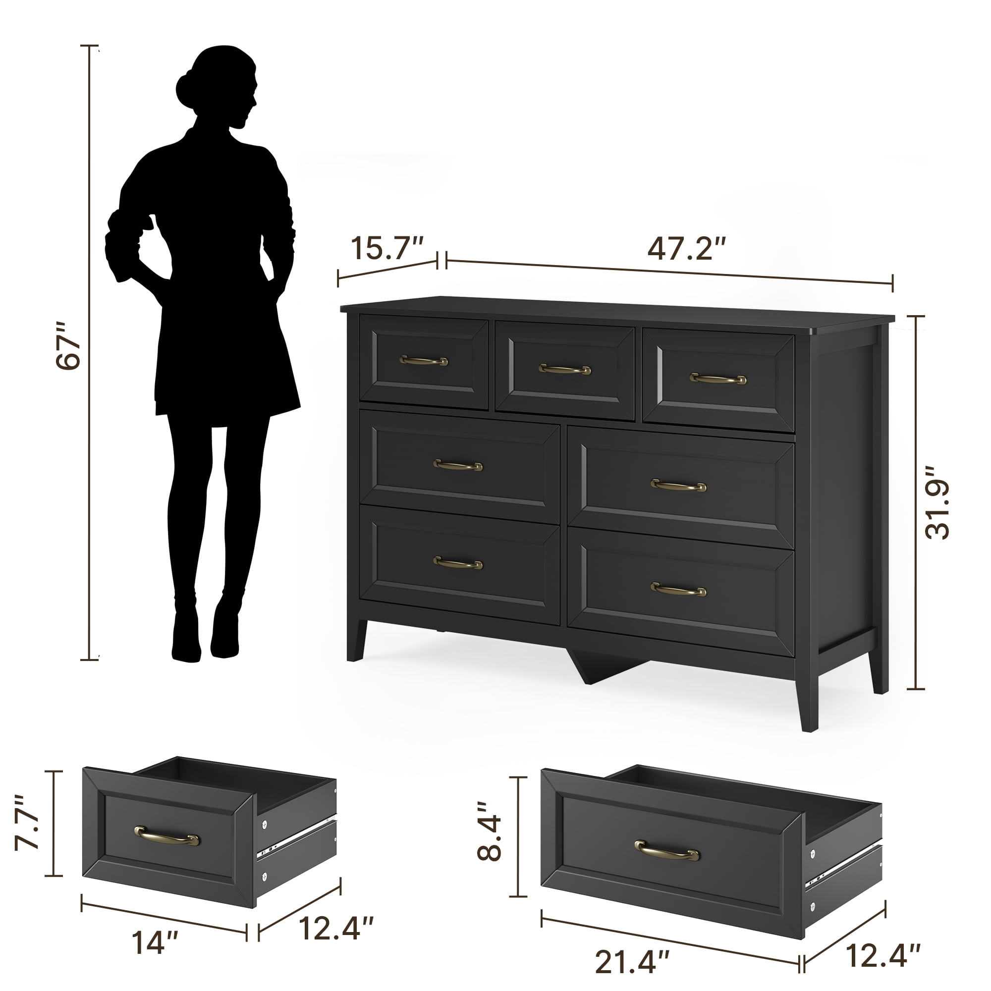 Aiho 7-Drawer Double Dresser - Modern Wood Chest with Anti-Tip Safety, Cutout Handles & Smooth Gliding Drawers, Black