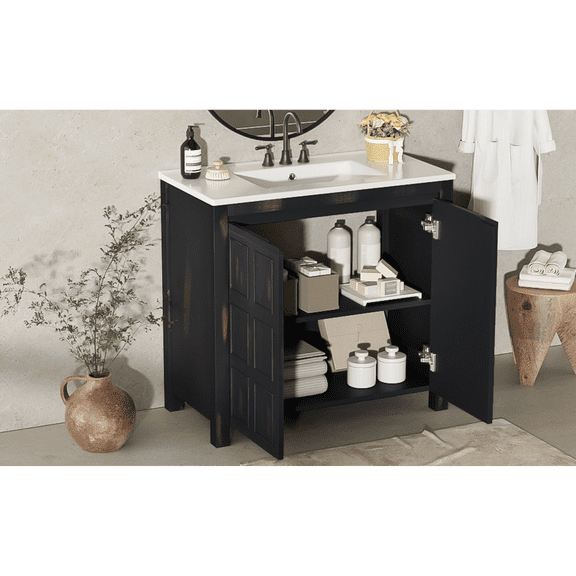 Vintage Bathroom Vanity with Ceramic Sink, Artisanal Distressed Finish and 2 Doors, 36" Espresso for Rustic Bathrooms