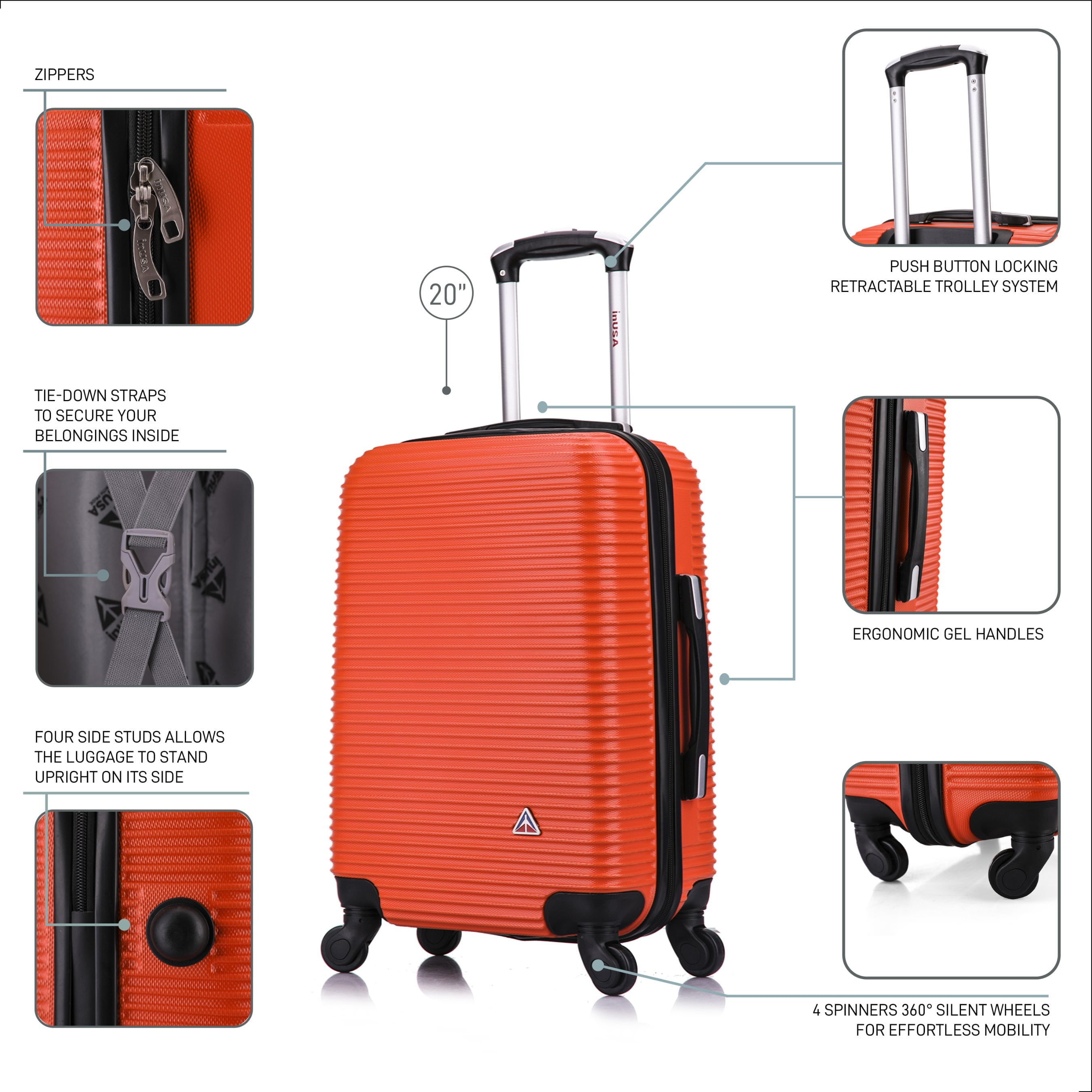 InUSA Royal 20" Hardside Lightweight Luggage with Spinner Wheels, Handle, and Trolley, Orange