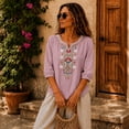 thumbnail image 6 of PBFRDSJ Cotton Linen Tops for Women Lightweight Retro Embroidered 3/4 Sleeve Bohemian Peasant Shirts Plus Size V Neck Casual Summer Beach Boho Tops, 6 of 9