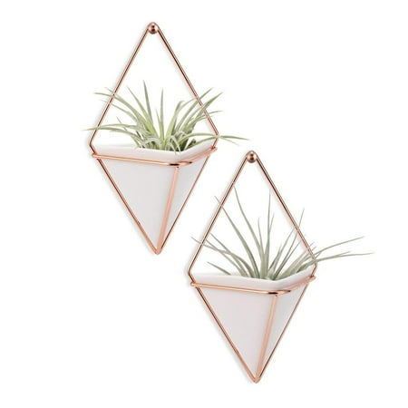 Peroptimist 2 Pack Hanging Planter Vase Geometric Wall Decor Container - Great For Air Plants/Succulents/Cactus Plants/Office Plants/Artificial Plant, White Ceramic/Brass
