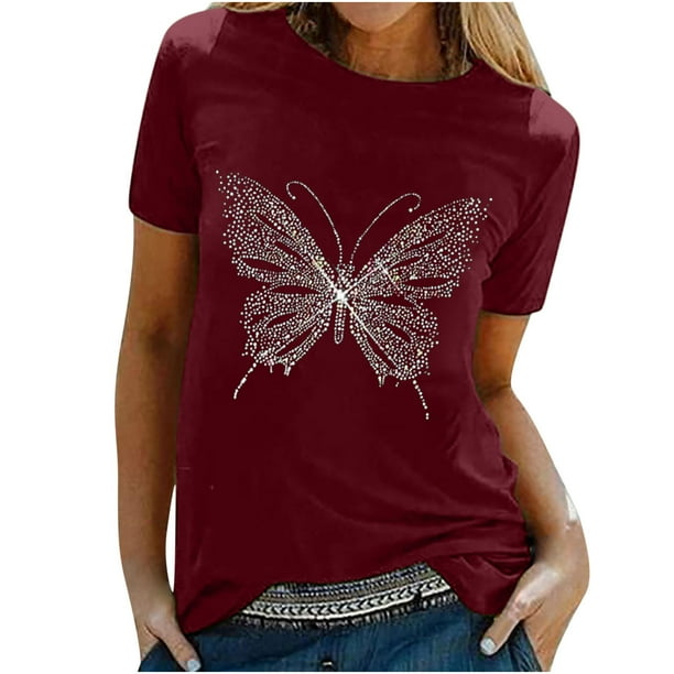 Camiseta de mujer, camisetas divertidas y bonitas de manga corta para otoño, camiseta con estampado de mariposa, regalo, blusa, regalo para mujer Pompotops hfajkhk125374