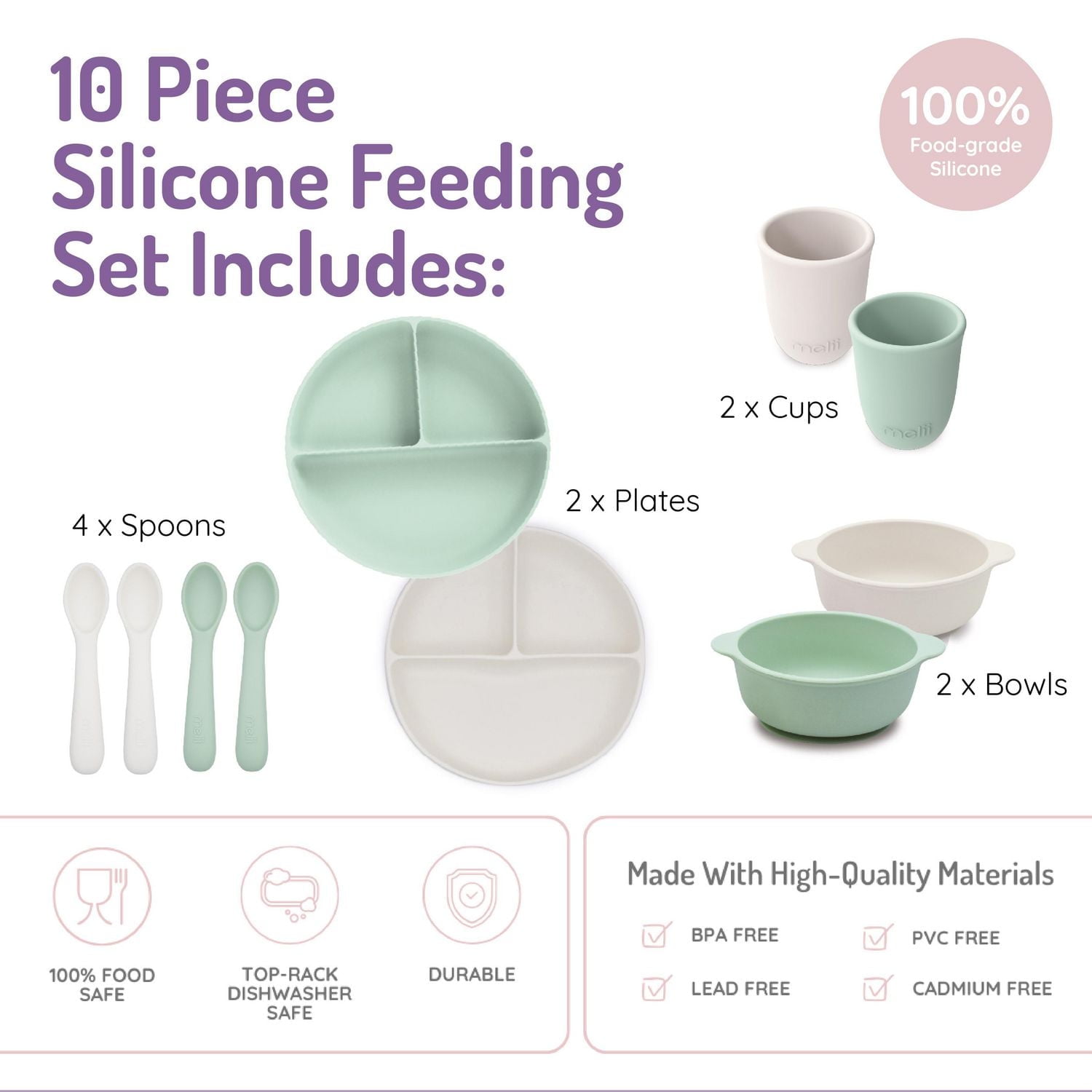 Ensemble de Repas 100 % Silicone – 10 Pièces Ensemble de repas