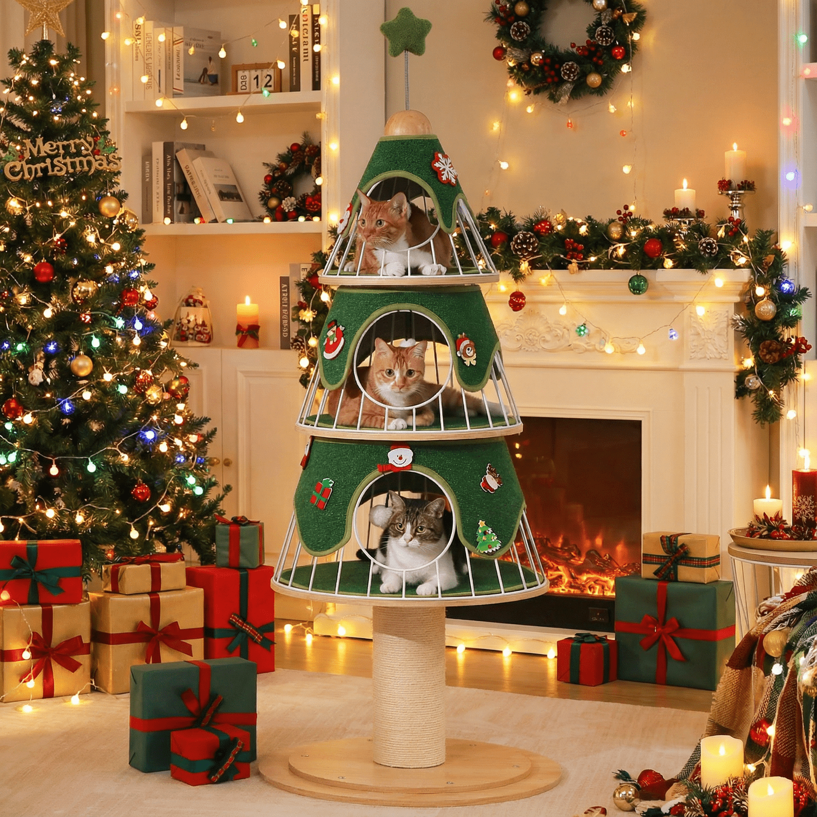 PAWZ Road 51.2" Christmas Cat Tree for Indoor Cat Modern Cat Tower with 3 Cat Condos and Scratch Post, Green