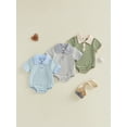 thumbnail image 3 of BemeyourBBs Newborn Baby Boy Summer Clothes Striped Bubble Romper Infant Boy Contrast Color Short Sleeve Turn Down Collar Button Up Shirt Bodysuit Jumpsuit, 3 of 9