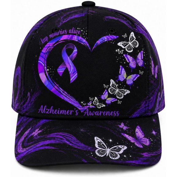 Alzheimer's Awareness Purple Ribbon Hummingbird Floral Baseball Cap,Purple B
