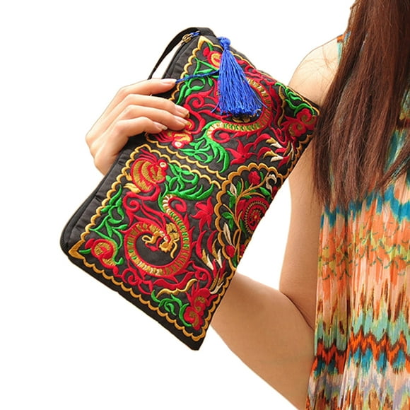 HEVIRGO Women Ethnic Embroidered Wristlet Clutch Bag Zipper Purse Long Wallet Pouch