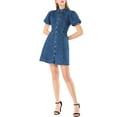 thumbnail image 5 of MODA NOVA Juniors Denim Dress Puff Short Sleeve Button Shirt Dresses, 5 of 5