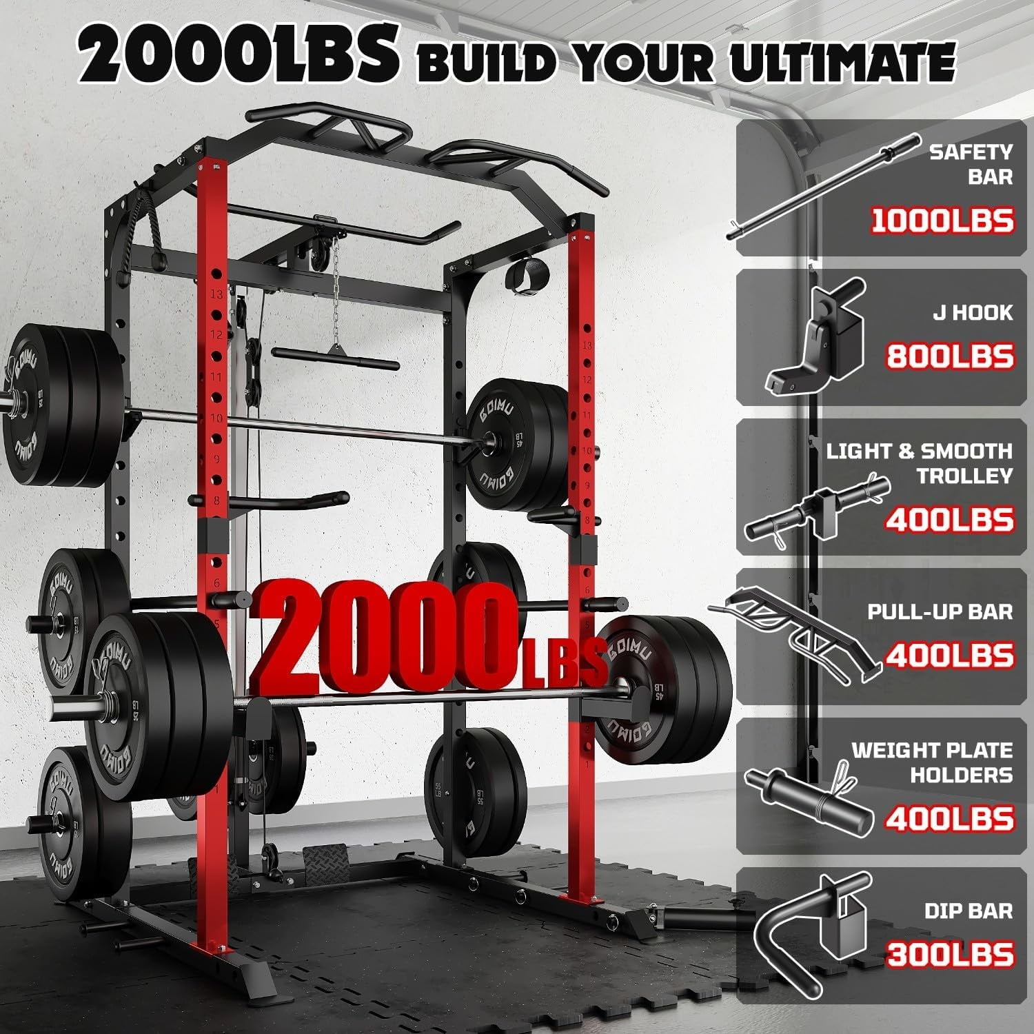MITONOS Power Cage, 2000LBS Squat Rack with LAT Pulldown,Power Rack Strength Training Machine, Weight Lifting Equipment with More Attachments,Weight Bench,Olympic Barbell Weight Set for Home Gym,Red