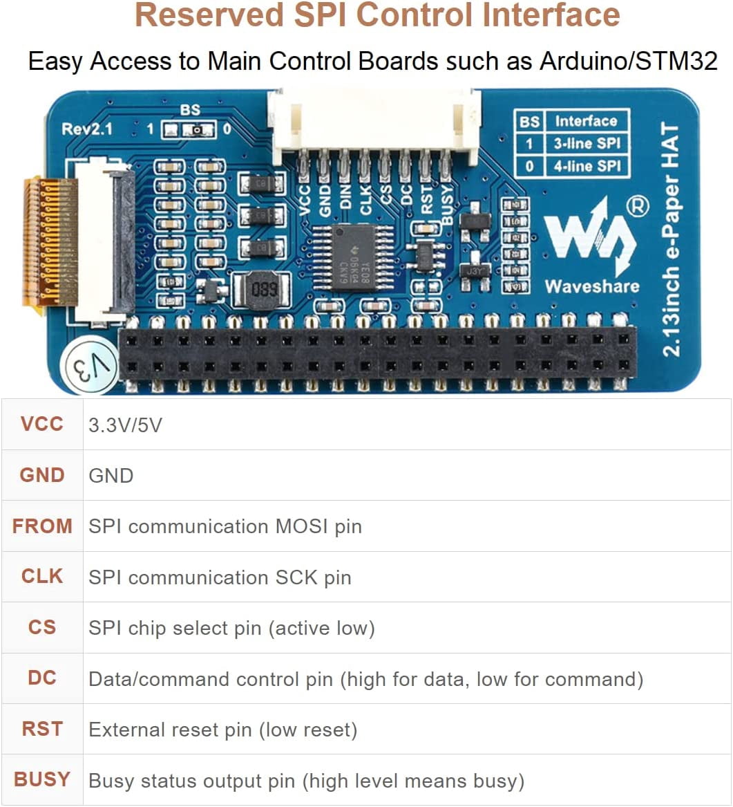 2.13inch E-Ink Display HAT V4 Version, 250x122 Resolution 3.3V/5V Black White Two-Color e-paper Screen Module for Zero/Zero W/Zero WH/2B/3B/3B+/4B, Supports Partial Refresh, SPI Interface