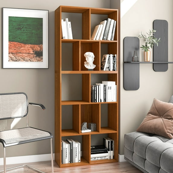 Bookshelf Storage Shelf, 5-Tier Bookcase, 12-Cube Open Shelf, Space Saving Organizer Shelves Book Rack, Free Standing Wood Display Bookshelves for Books,CDs,Living Room,Bedroom,Office, Walnut