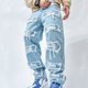 thumbnail image 2 of Pantalones vaqueros rectos de empalme con parche rasgado para hombre, ropa de calle de Hip Hop, pantalones de mezclilla sueltos para motociclista, 2 of 4