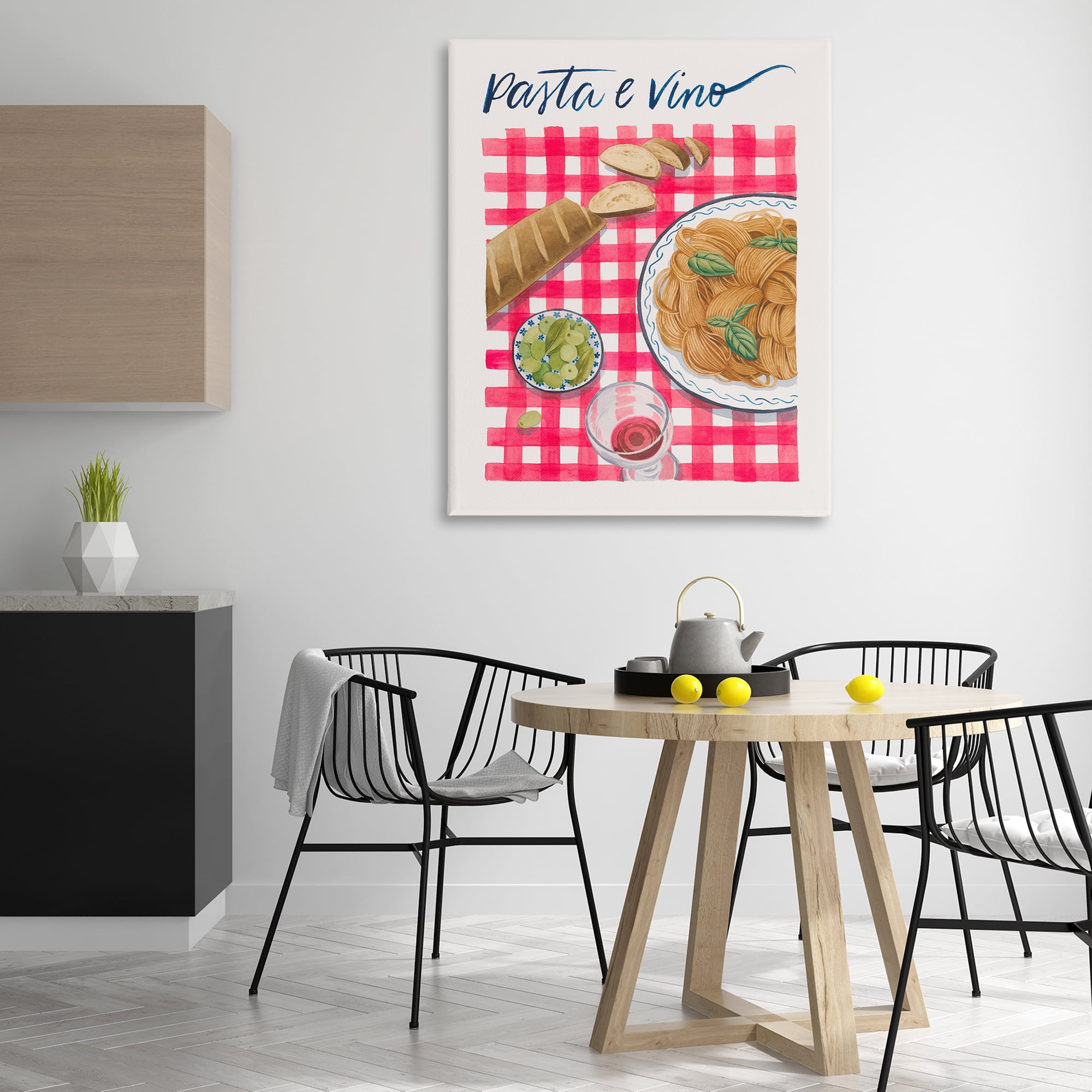 Stupell Industries Pasta & Wine on Tartan Food & Beverage Painting Wrapped Canvas Art Print Wall Art, 36 x 48