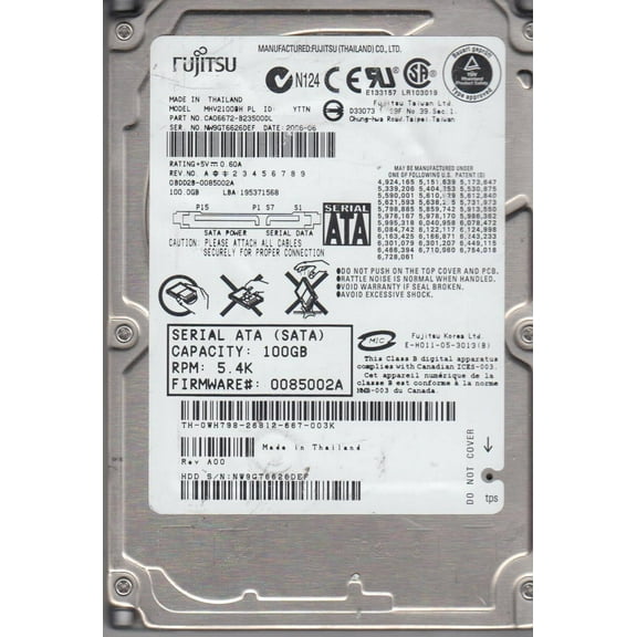 MHV2100BH PL, PN CA06672-B23500DL, Fujitsu 100GB SATA 2.5 Hard Drive