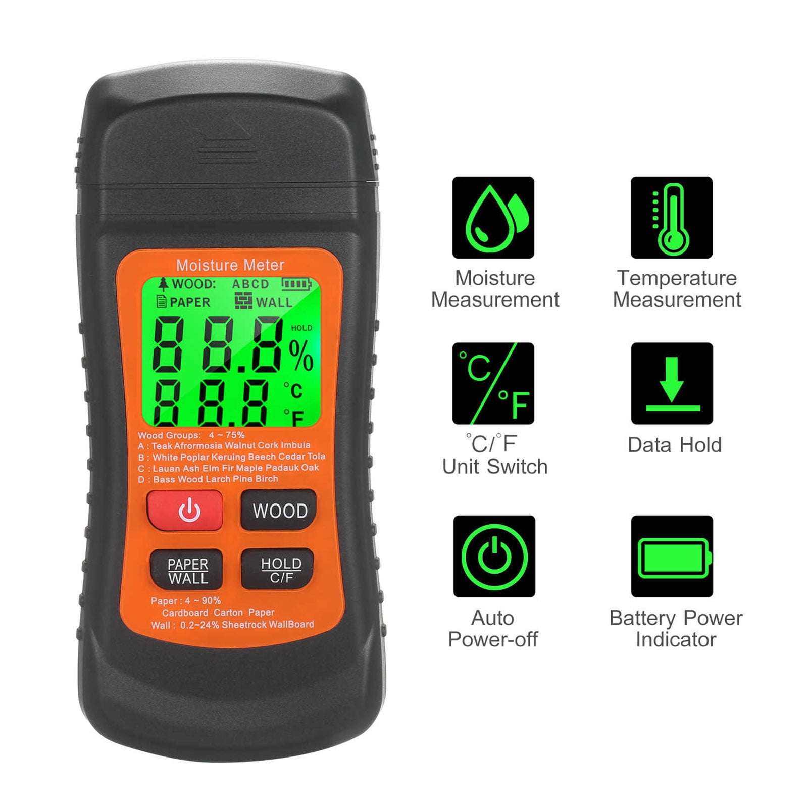 JIAHAOO Digital Moisture Detector For Wood Paper Wall ABS 3 Measurement Modes Temperature C F Switch High Accuracy