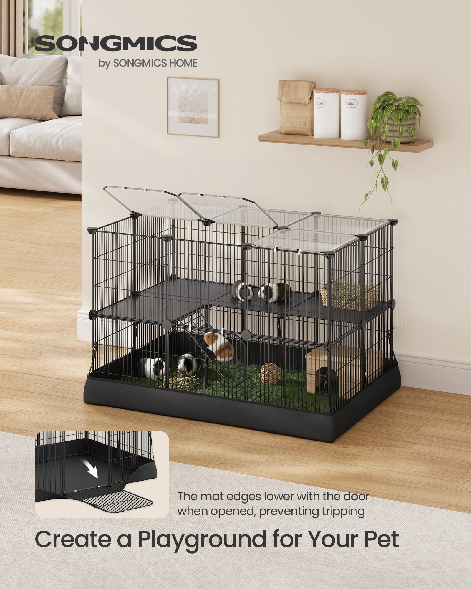 SONGMICS 2-Tier Guinea Pig Cage, Rabbit Cage, Small Animal Playpen with Waterproof Mat, Top and Side Door, 35 Panels, Ink Black