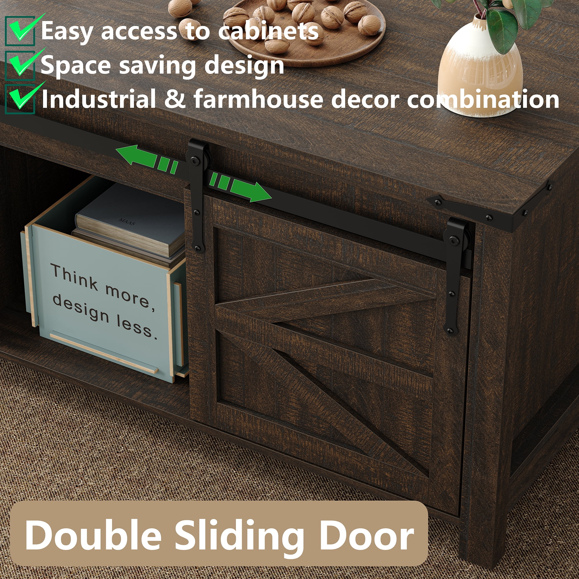Furnihold 47.3''W Coffee Table, Farmhouse Lift Top Coffee Table with Hidden Storage and Sliding Barn Door for Living Room, Dark Brown