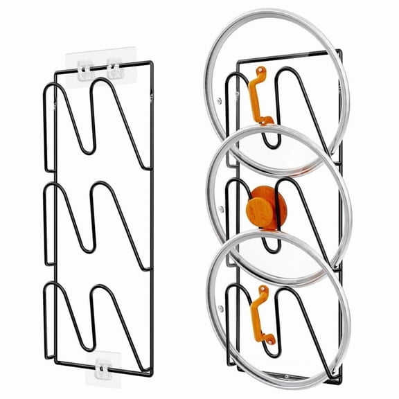 Pot Lid Organizer for Cabinet Door or Wall Mounted | 3-Tier Stainless Steel Lid Rack | Space Saving Kitchen Storage for Pots and Pans | No Drill Installation with Adhesive and Hooks