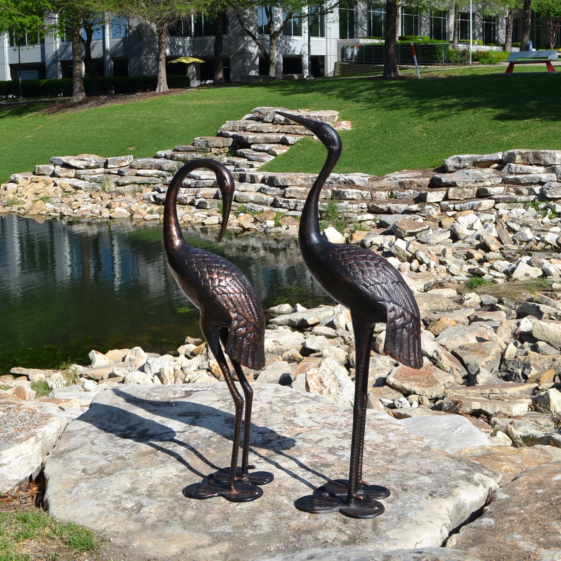 Westcharm Antique Bronze Garden Crane Pair Statue - Upright and Preening Sculpture Set (Male 19" W x 10" D x 43.5" H; Female 12" W x 10" D x 39.5" H)