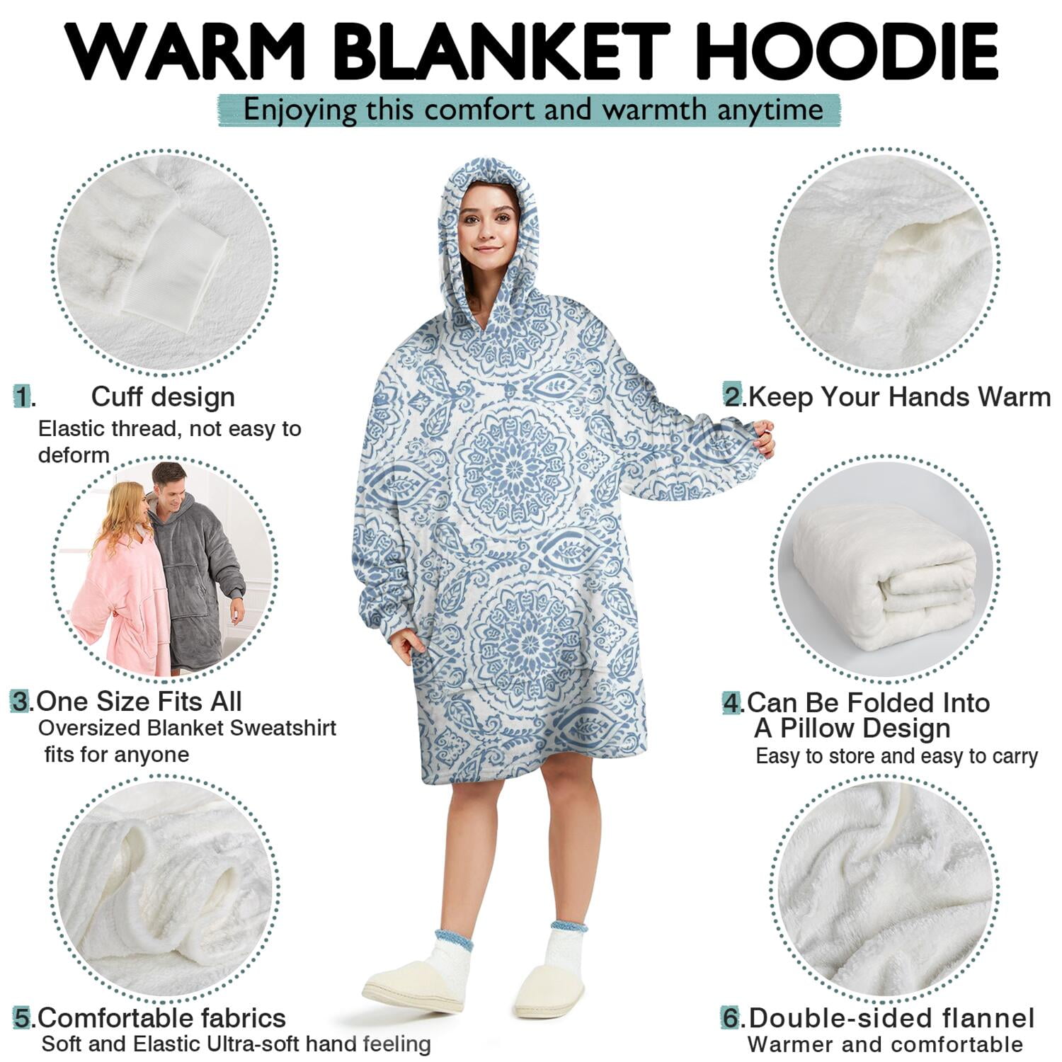 Wearable Oversized Blanket,Blue Ethnic Mandala Pattern Wearable Blanket Hoodie for Adults,Cozy Hooded Blankets with Super Pockets,Super Warm Fuzzy Pullover for Women & Men