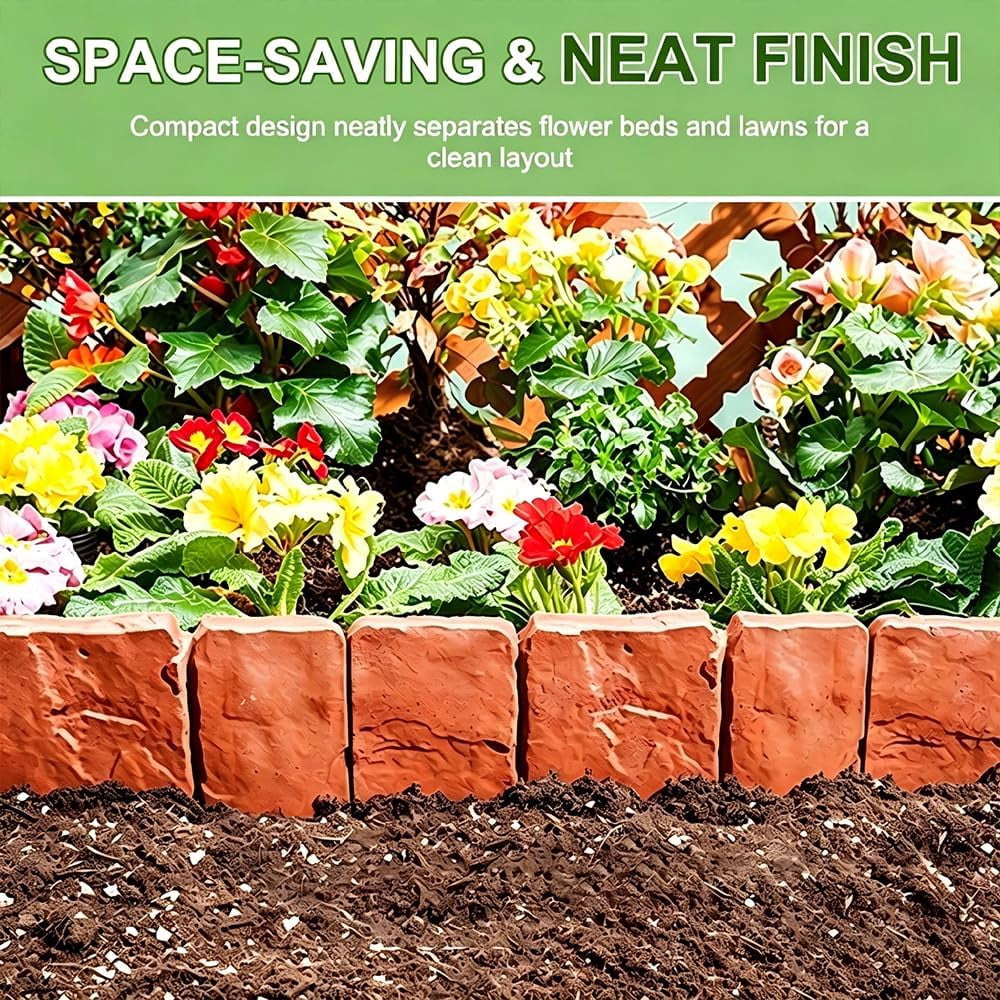 10 Pcs Plastic Garden Edging Border, Stone-Look Interlocking Flower Bed Fence, Weatherproof Lawn Stakes for Yard & Path Landscaping (k)