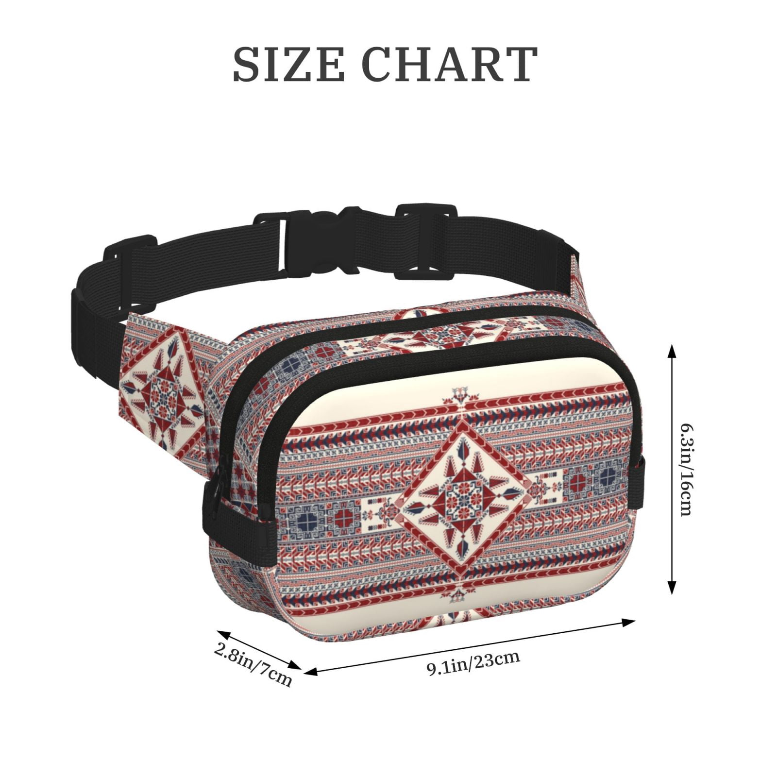 Picia Fashion Tatreez Print Square Double-Layer Waist Bag Mini Adjustable Waist Belt Bag Exercise Running Travel Hiking