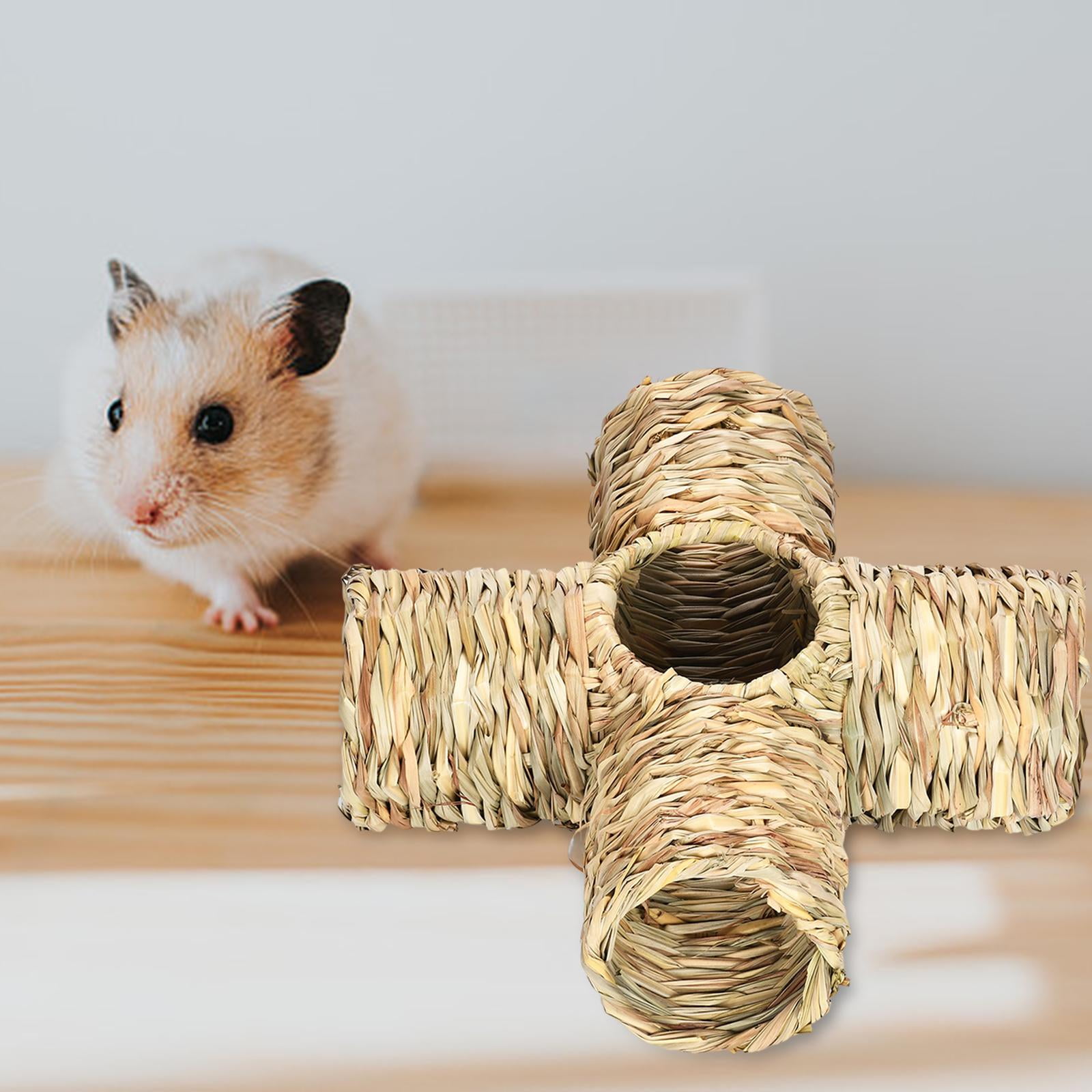Hamster Grass Tunnel Straw House Hideaway Nest Bunny Toy Lightweight Interactive Toy Rabbit Tunnel Tube for Mice Chinchilla Gerbils Squirrel Four Ports