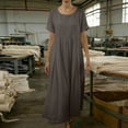 thumbnail image 4 of Cotton Linen Dress for Women Crew Neck Short Sleeved Dress Trendy Casual Flowy Long Dresses Gray L, 4 of 5