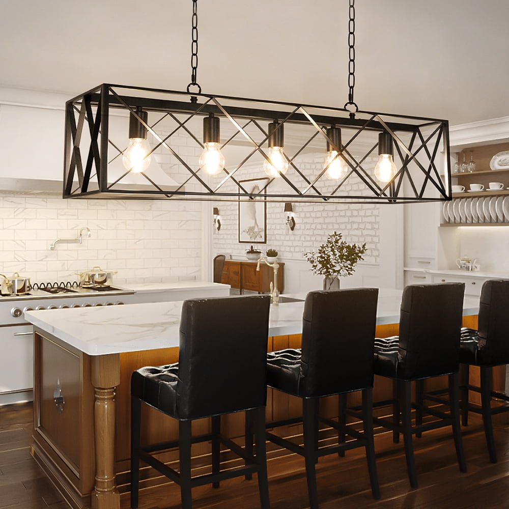 DingLiLighting 5 Farmhouse Pendant Lighting for Kitchen Modern Black Chandelier for Room, E26 Bulbs -