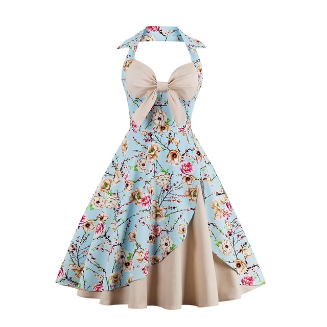 Pompotops Robe Vintage Sans Manches Imprimée Rétro Soirée Col en V Soirée Bal