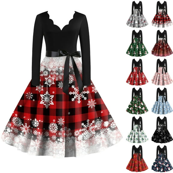 Christmas Dresses for Women Women's Fashion Elegant Autmn And Winter Long Sleeve V-Neck Christmas Print Dress for Holiday Party,Army Green,L