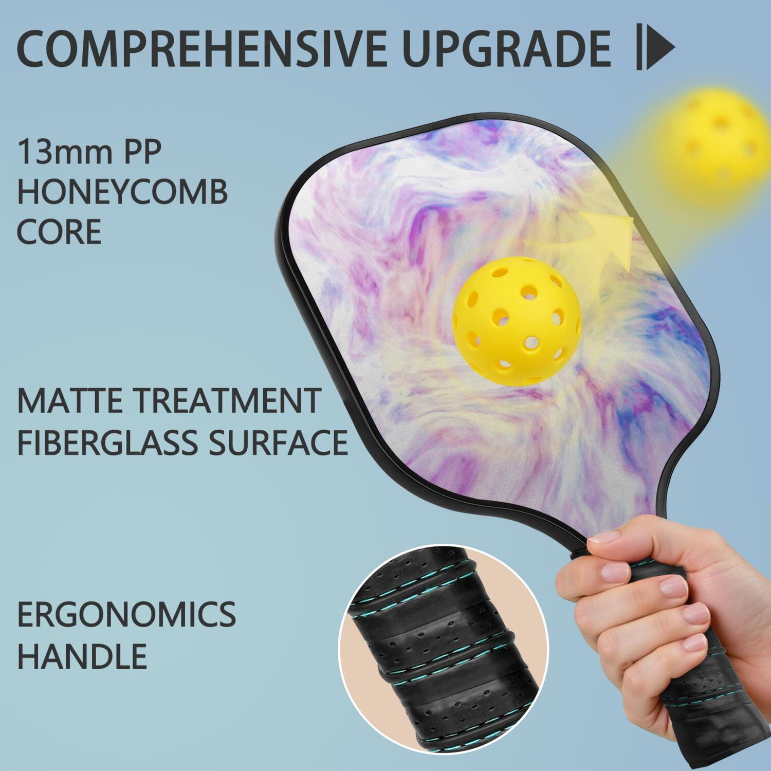 Pickleball Paddles Set Of 1, Fiberglass Surface, Liquid & Marble Print, 1 Paddles, 2 Balls & Bag