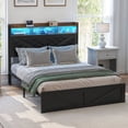 thumbnail image 2 of DEXTRUS Queen Size Distressed Wood Bed Frame with LED Headboard, USB Ports & Dual Storage, Black, 2 of 12