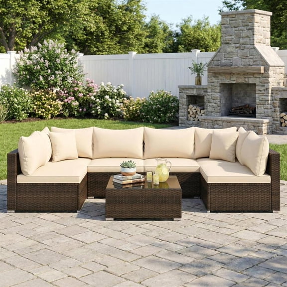 Topcobe 7 Pieces Patio Rattan Furniture Set with Sectional Sofa Cushions, Outdoor Patio Furniture-Beige