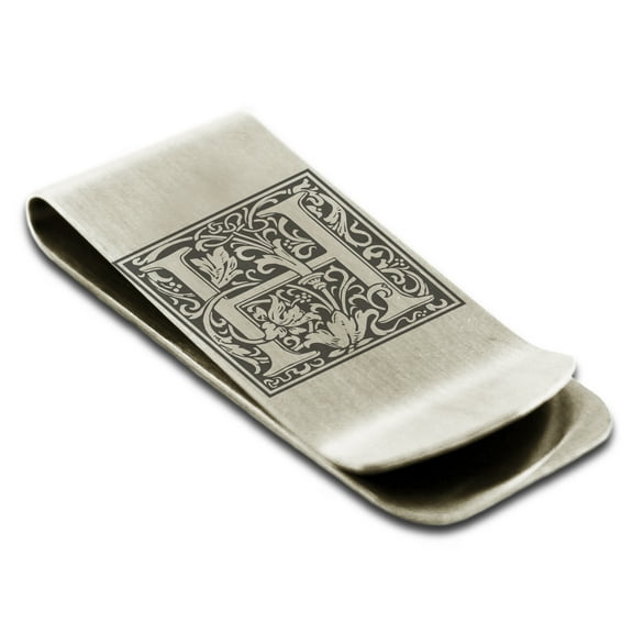 Tioneer Stainless Steel Letter H Initial Floral Box Monogram Engraved Engraved Money Clip Credit Card Holder